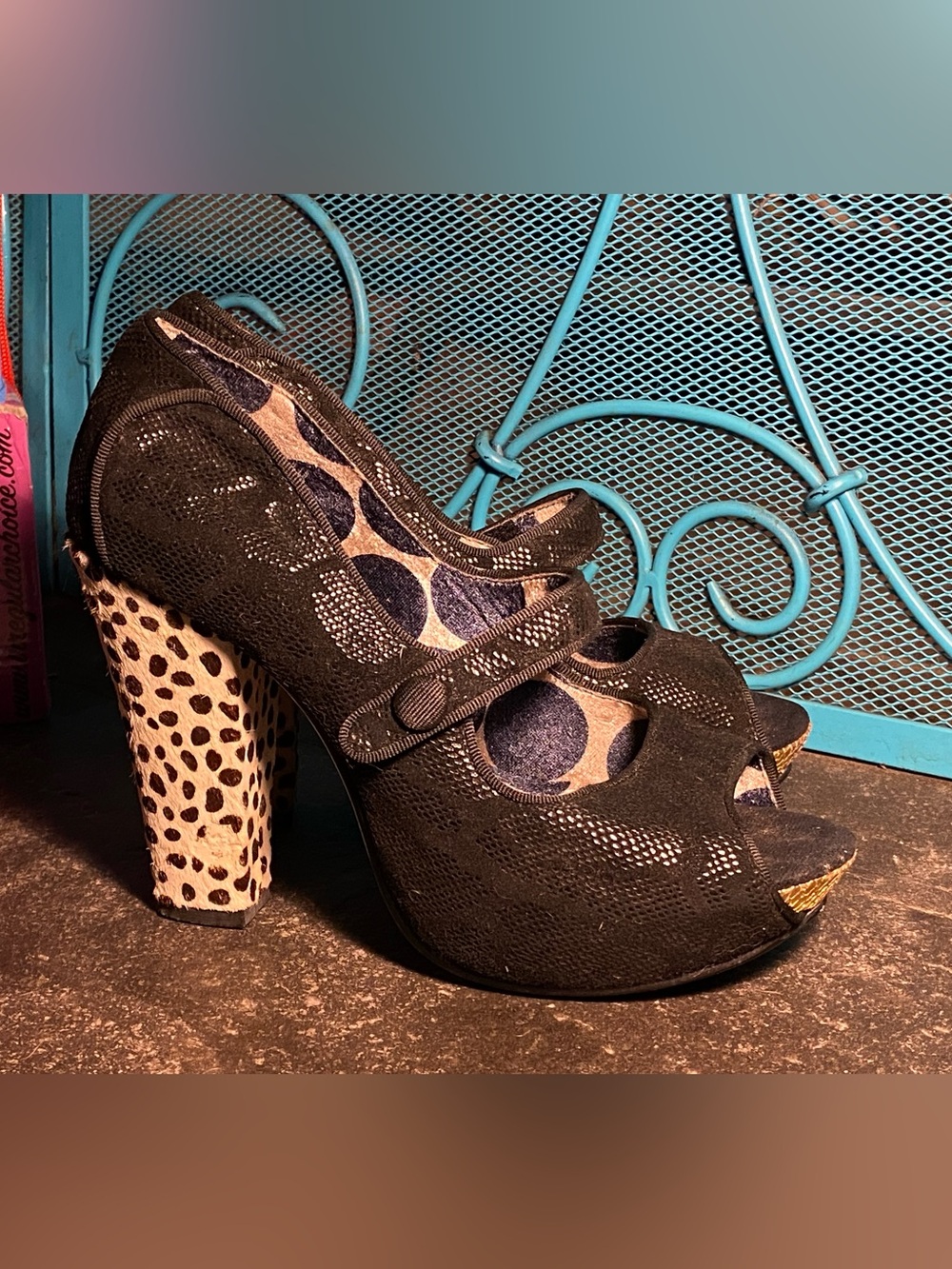 Sexy elegant Irregular Choice peep toe Mary Jane pumps,black lace,leopard fur 9